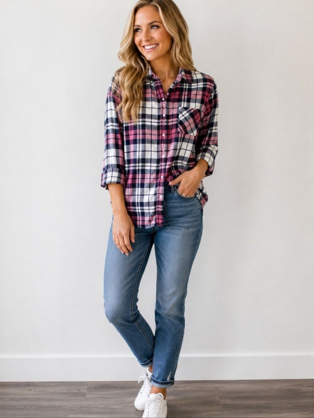 Banana Republic Factory Boyfriend Fit Blue White Pink Plaid Flannel Shirt-Small